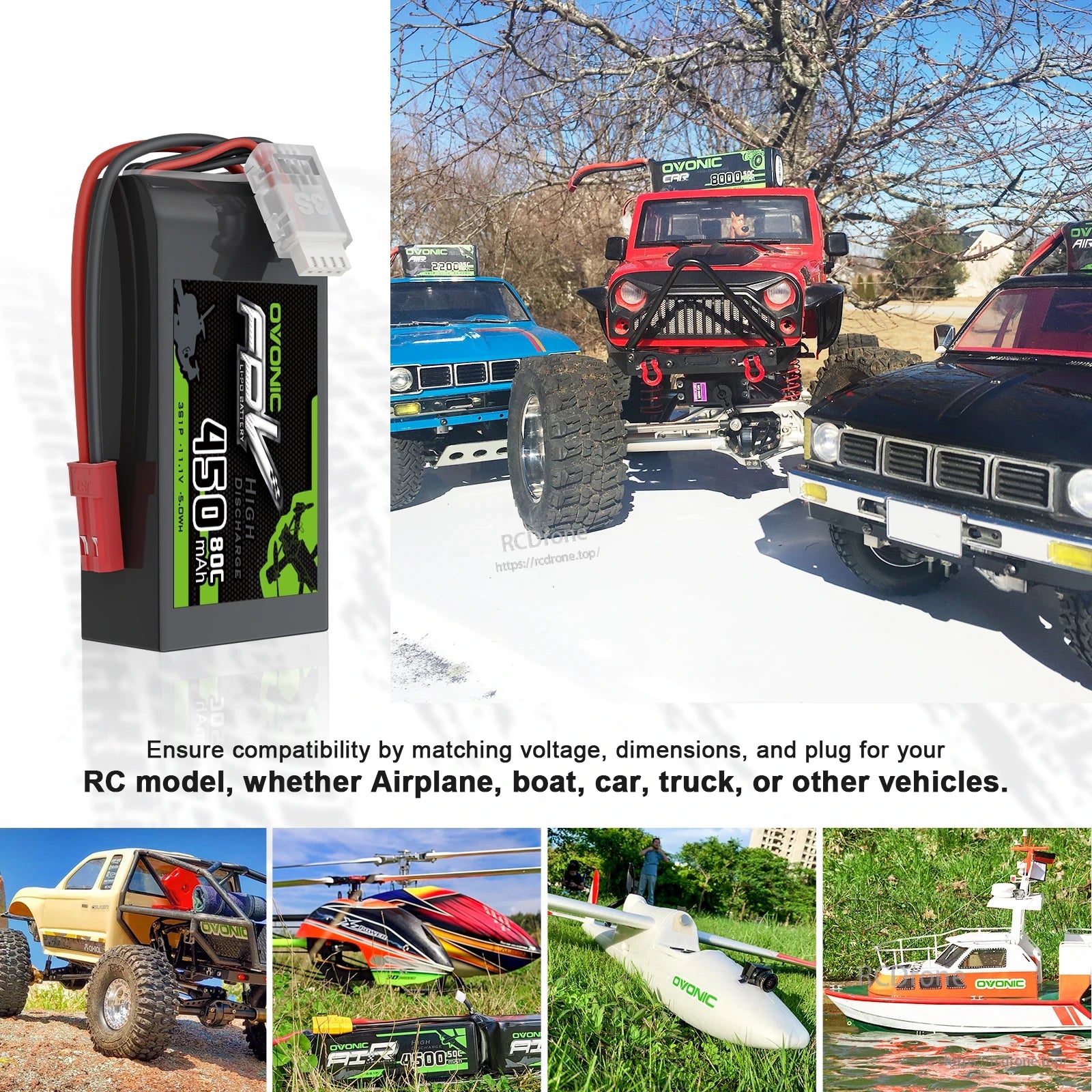 OVONIC 3S 450mAh LiPo battery shown with RC use cases for car, truck, boat, plane and helicopter