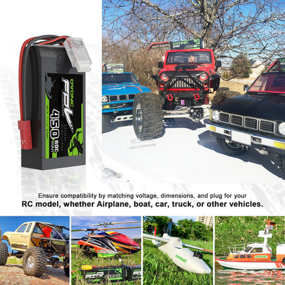 OVONIC 3S 450mAh LiPo battery shown with RC use cases for car, truck, boat, plane and helicopter