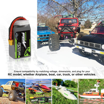 LiPo battery shown with RC cars and other model uses collage; match voltage, dimensions and plug