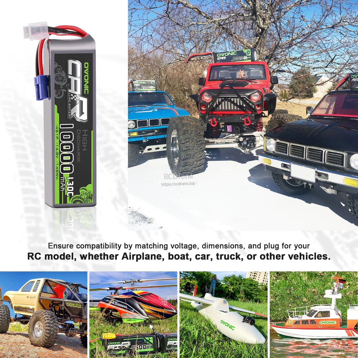 LiPo battery application examples for RC car, truck, helicopter, airplane and boat with side view of pack