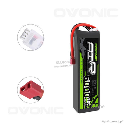 Vertical battery pack showing Deans (T) connector and 4S balance lead close-ups