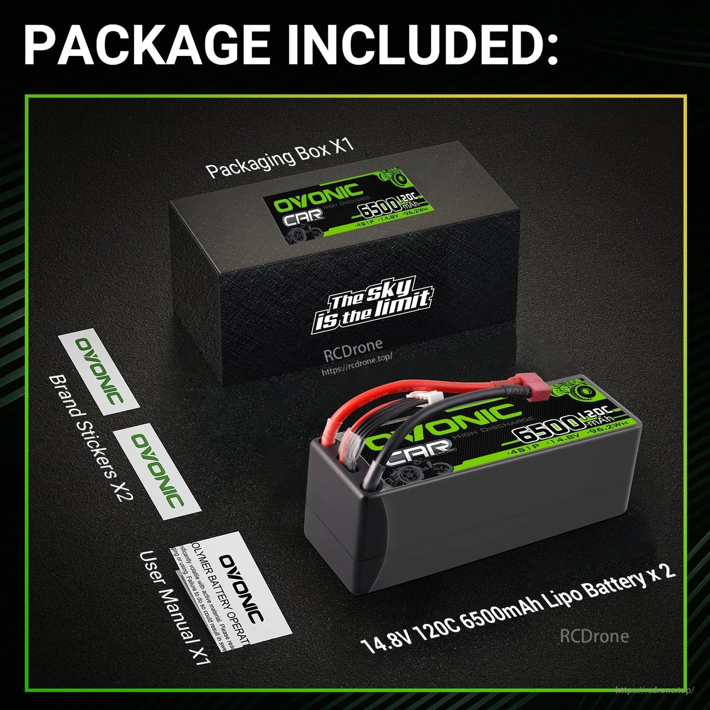 OVONIC 4S 14.8V 6500mAh 120C Hardcase LiPo Battery 2-Pack for 1/8 and 1/10 RC Cars