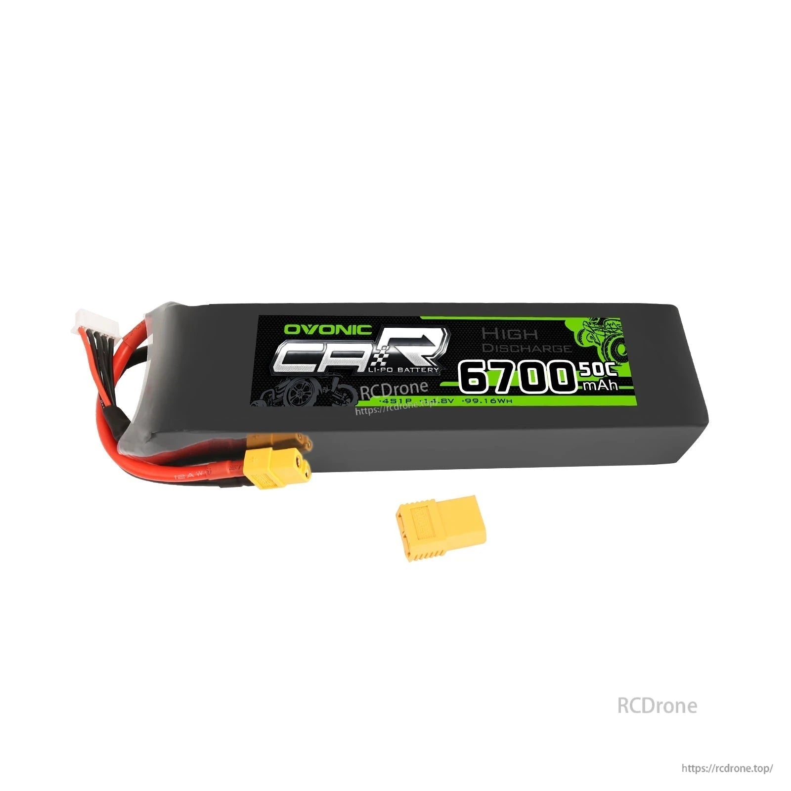 OVONIC 4S 14.8V 6700mAh 50C LiPo battery pack with XT60 connector and yellow adapter plug