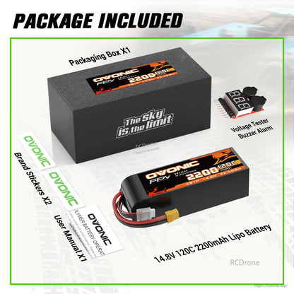Package included: OVONIC 14.8V 2200mAh 120C 4S LiPo, box, voltage tester buzzer, stickers, user manual