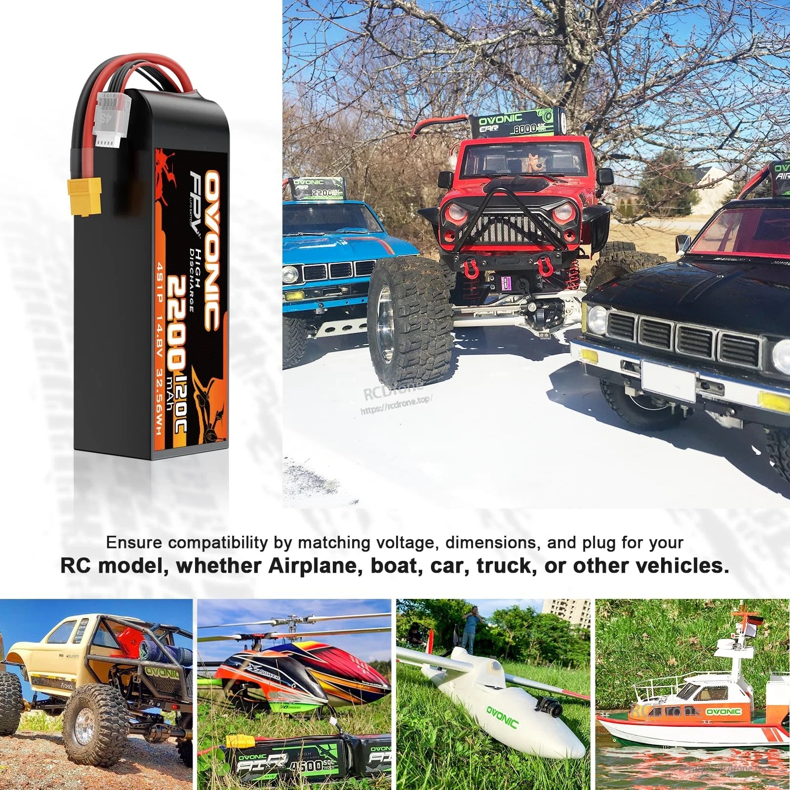 RC model application collage showing LiPo battery used for car, truck, airplane, helicopter, and boat examples