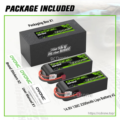 Package contents: two 14.8V 2200mAh 130C LiPo batteries, box, user manual and OVONIC brand stickers