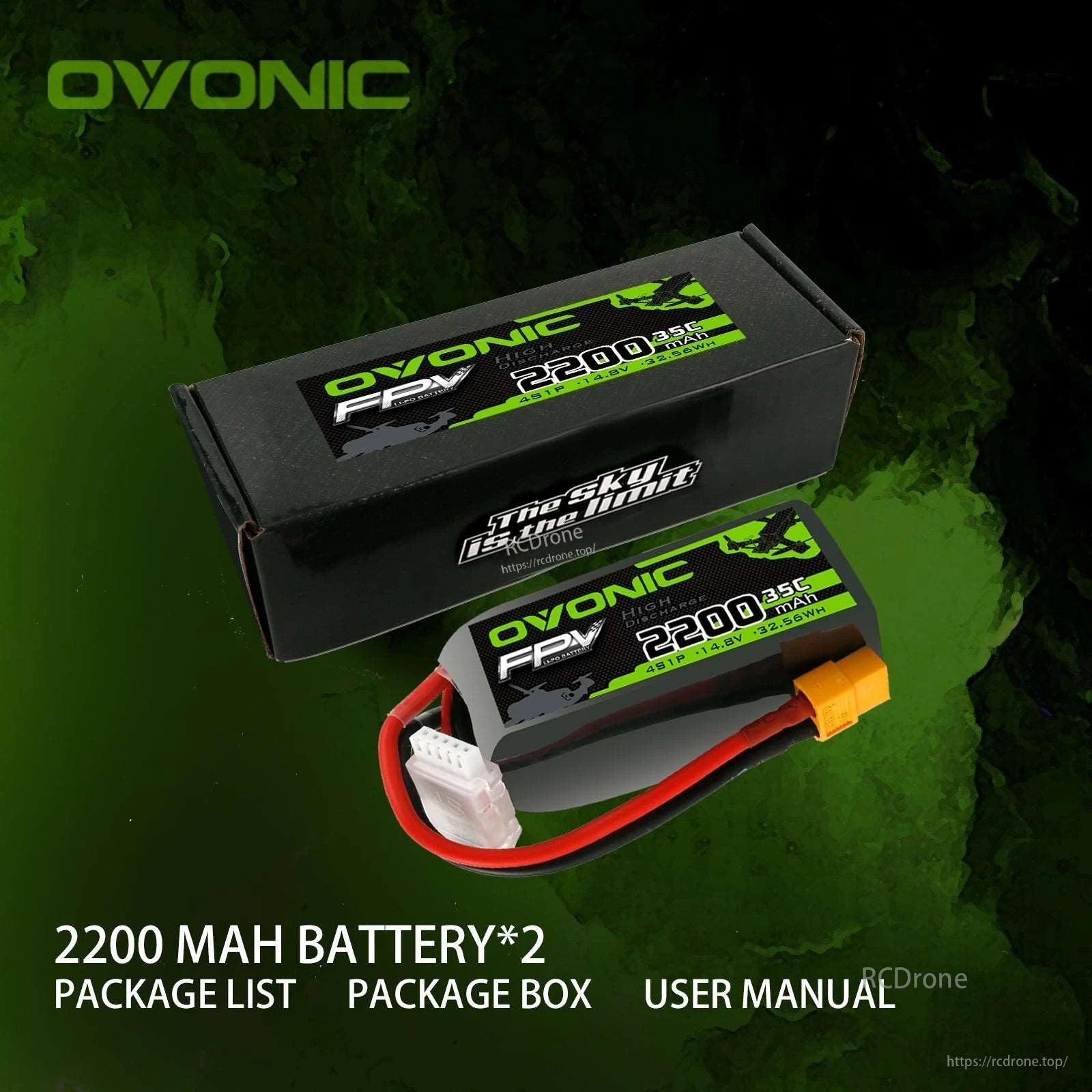 Package contents: OVONIC 2200mAh battery, retail box and user manual shown together