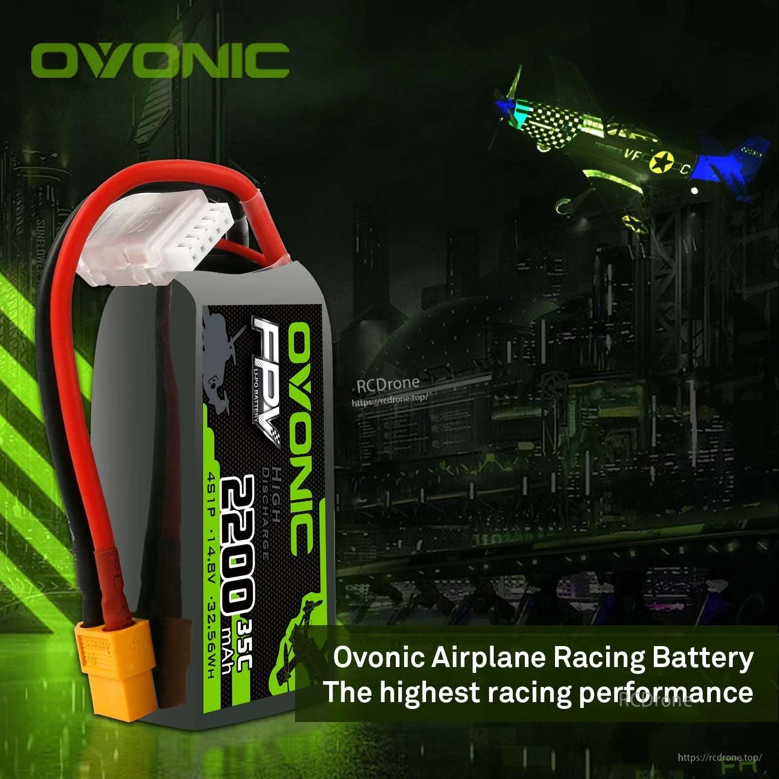 OVONIC FPV 2200mAh 4S battery shown with airplane racing themed background