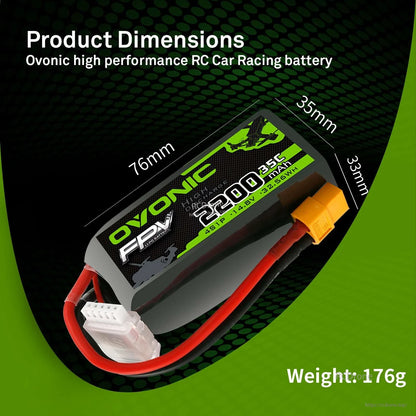 Product dimensions graphic showing 76 x 35 x 33mm and weight 176g for OVONIC 2200mAh battery