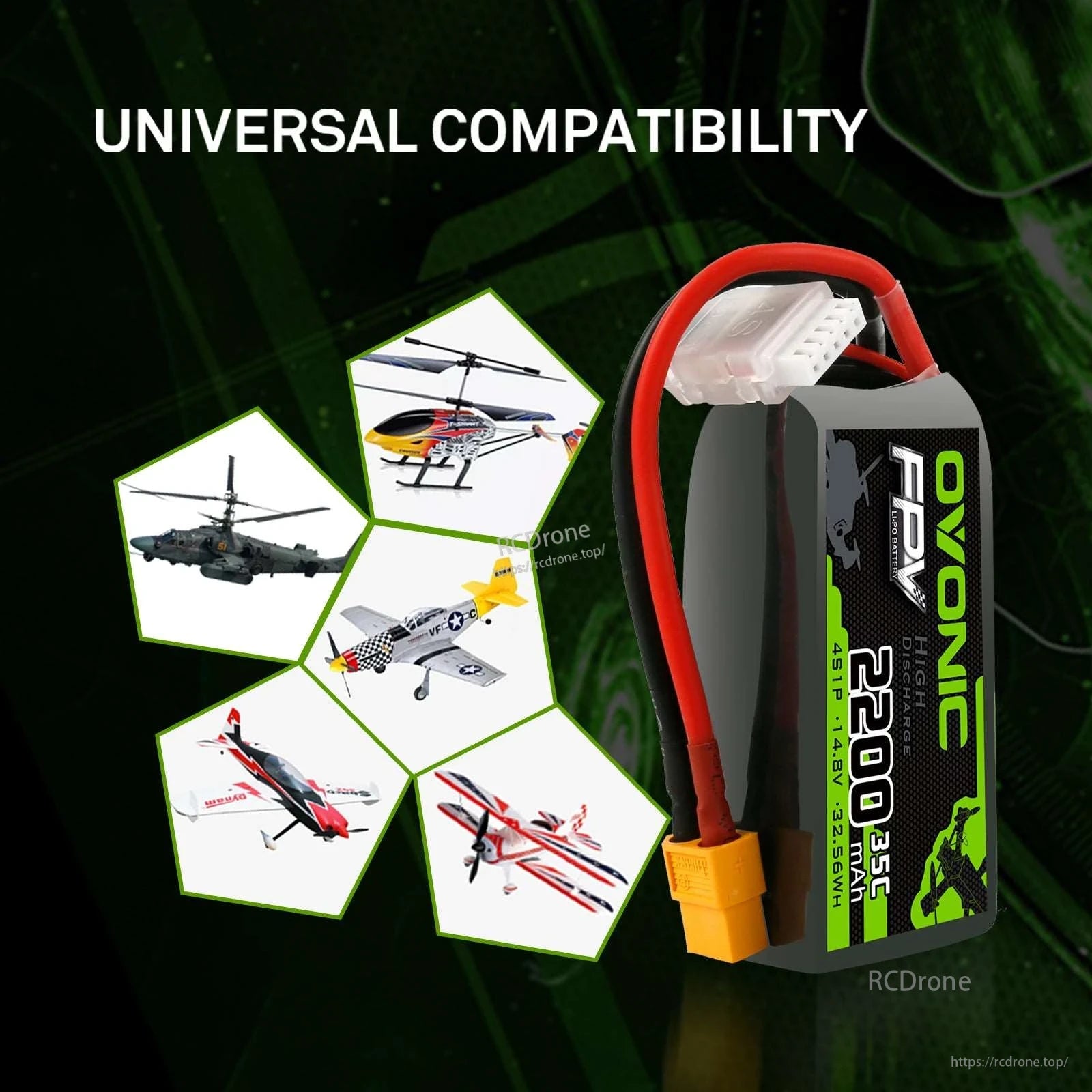 Universal compatibility graphic with OVONIC battery and icons of RC helicopters and airplanes