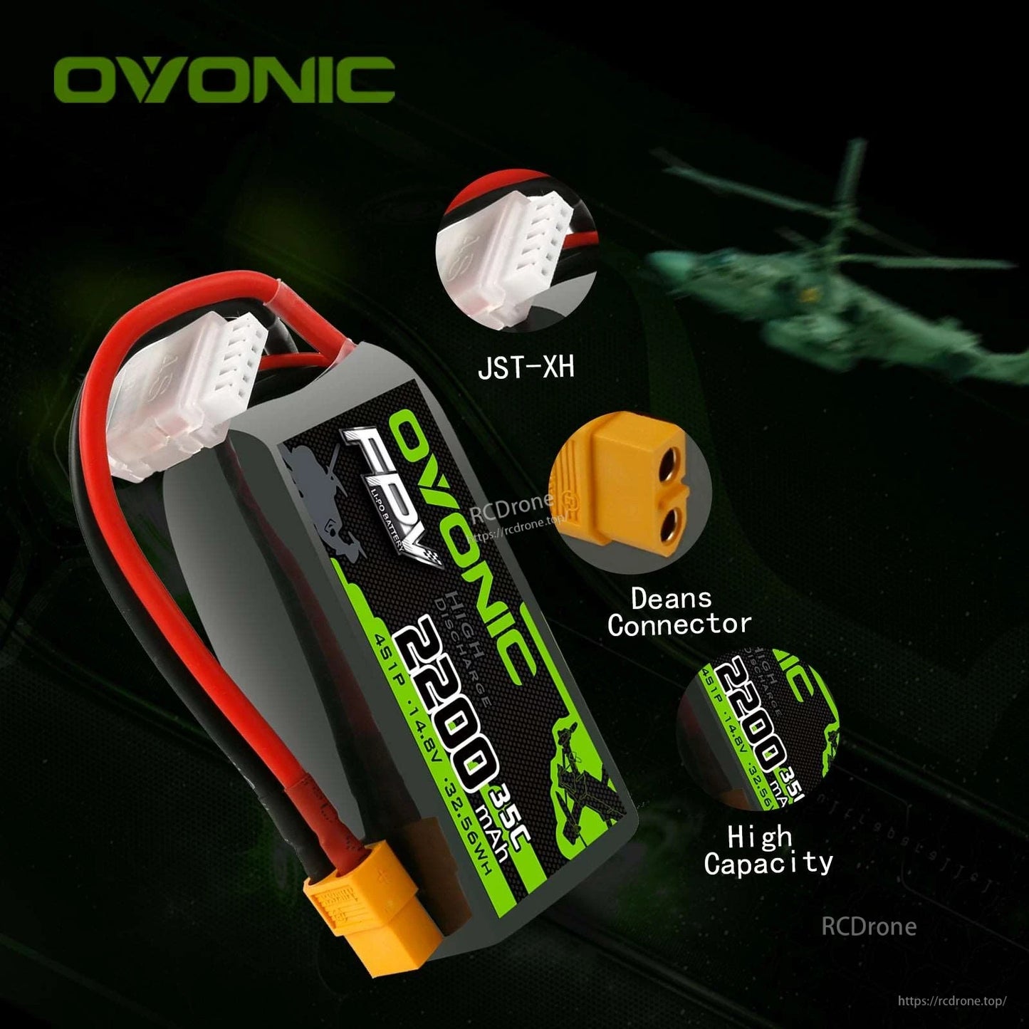 Connector close-up graphic showing JST-XH balance plug and Deans connector on OVONIC battery