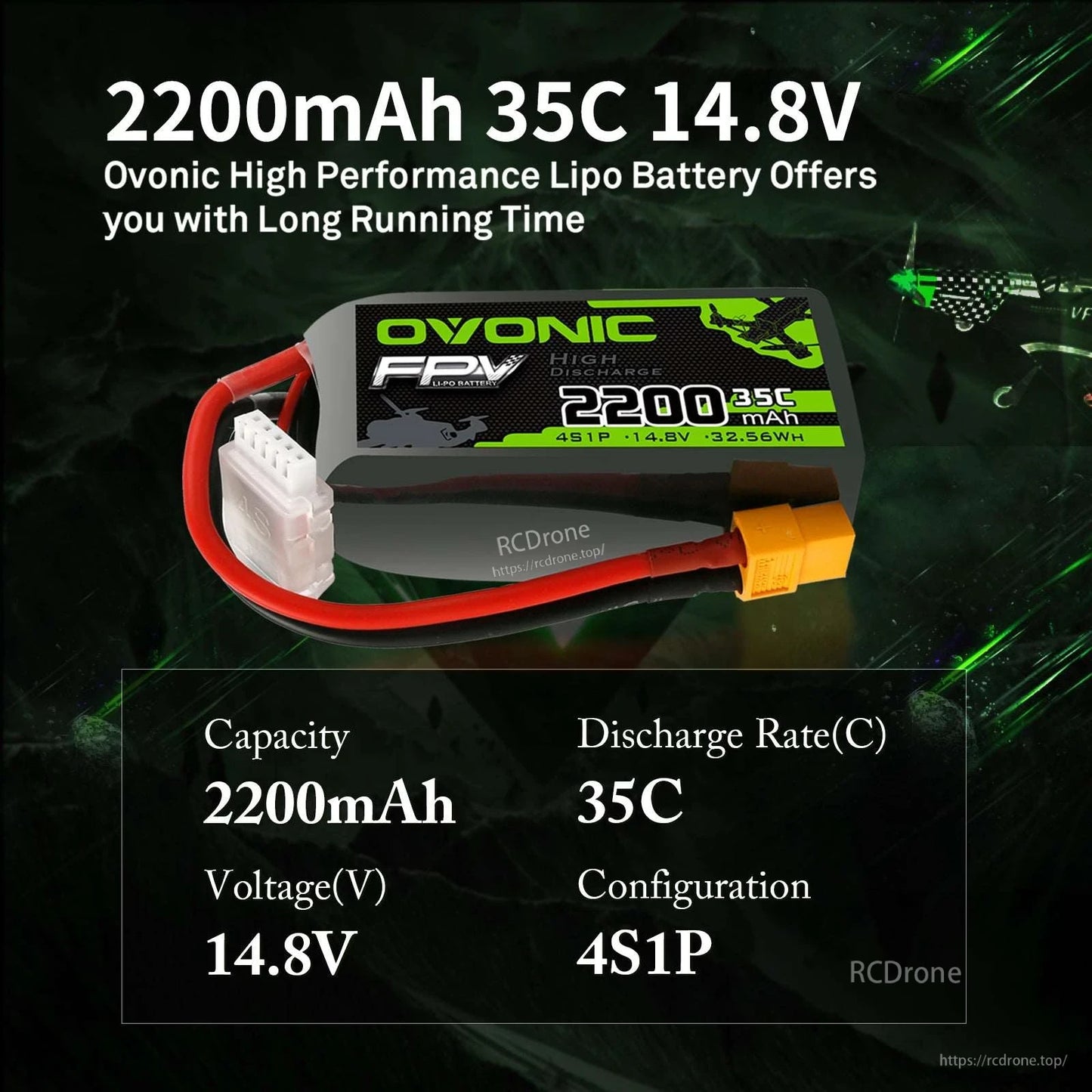 Specification graphic for OVONIC 4S 2200mAh 14.8V 35C LiPo battery, 4S1P configuration