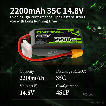 Specification graphic for OVONIC 4S 2200mAh 14.8V 35C LiPo battery, 4S1P configuration