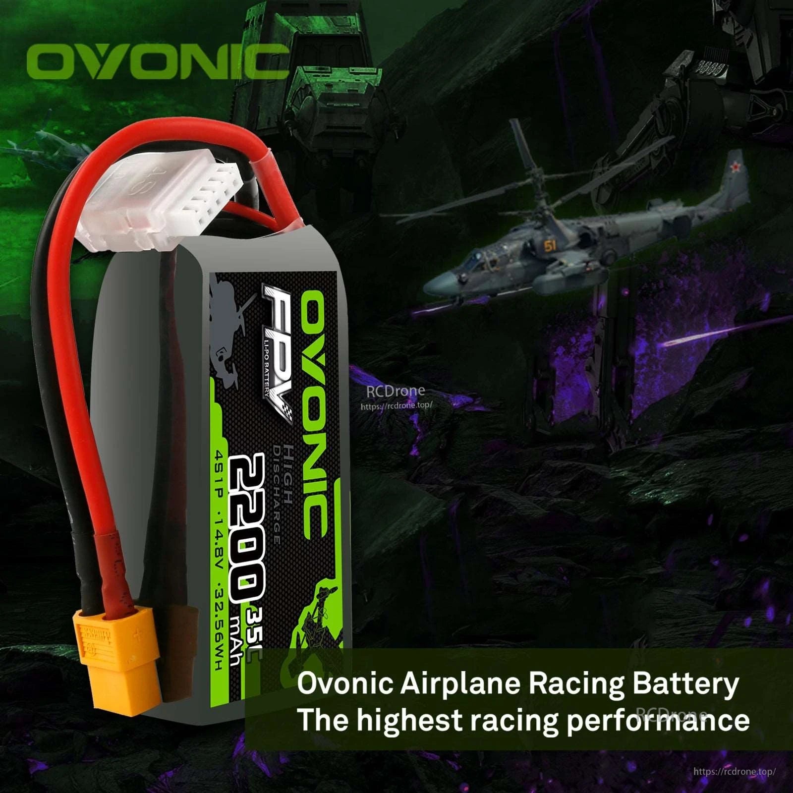 OVONIC FPV 2200mAh 4S LiPo battery lifestyle graphic with aircraft background