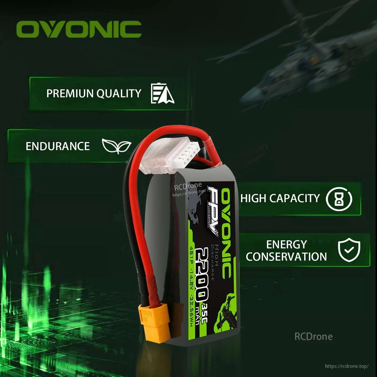 OVONIC battery feature graphic highlighting premium quality, endurance, high capacity and energy conservation