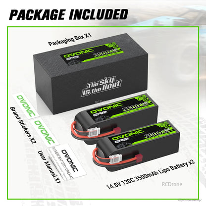 Package included: two 14.8V 3500mAh 130C LiPo batteries, packaging box, brand stickers and user manual