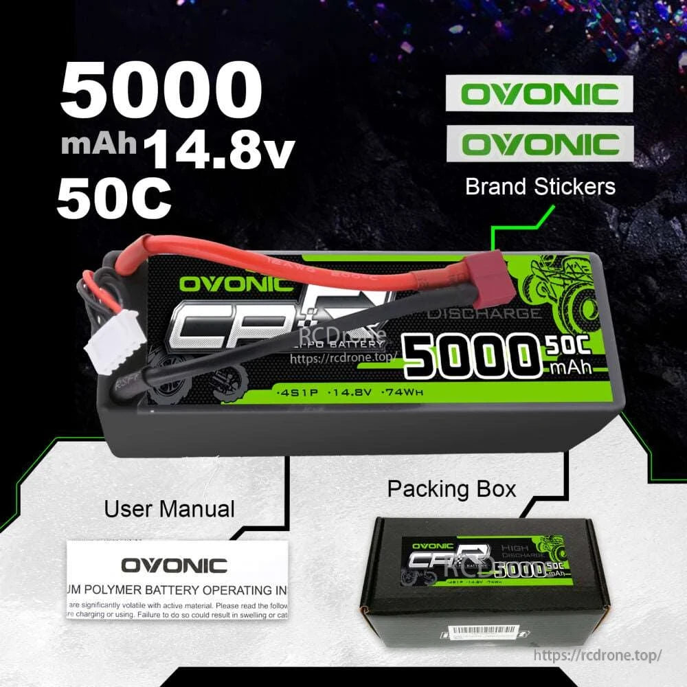 OVONIC 4S 5000mAh 50C 14.8V hardcase LiPo battery package contents: packing box, user manual, brand stickers