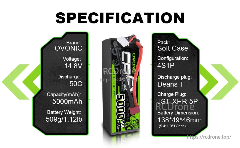 Specification infographic listing 14.8V, 50C, 5000mAh, Deans T discharge plug and JST-XHR-5P charge plug