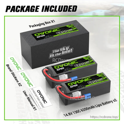 Package contents: OVONIC box, two 14.8V 6200mAh 130C LiPo batteries, brand stickers and user manual