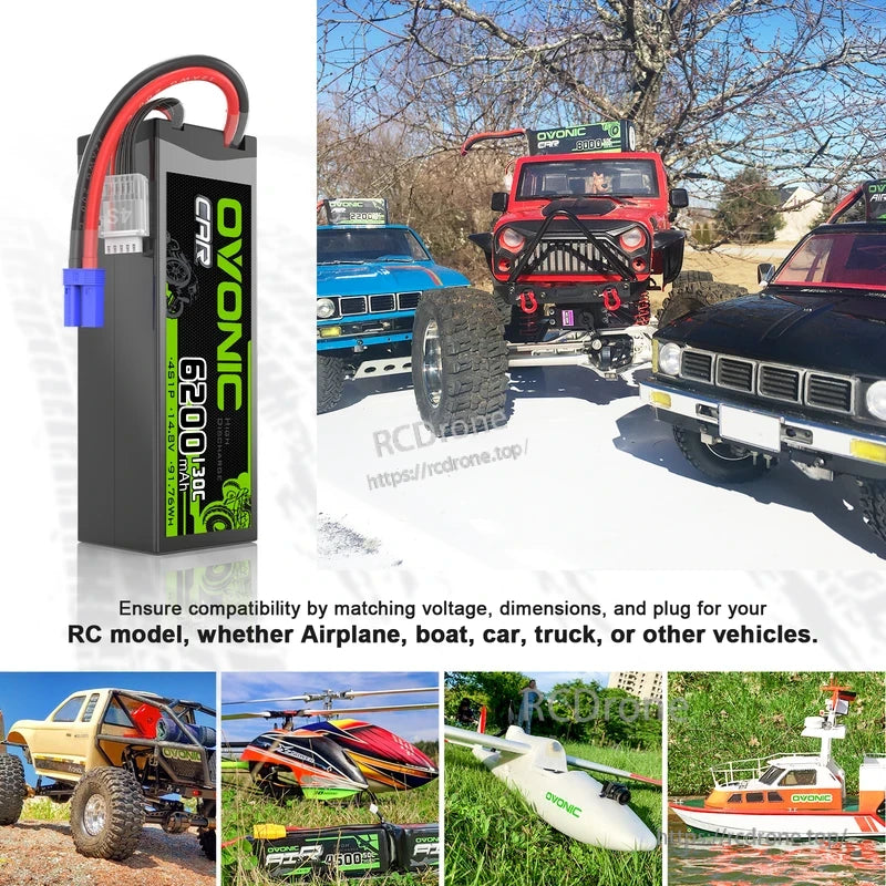 Hardcase LiPo battery standing side view with RC car, truck, boat and airplane use case collage