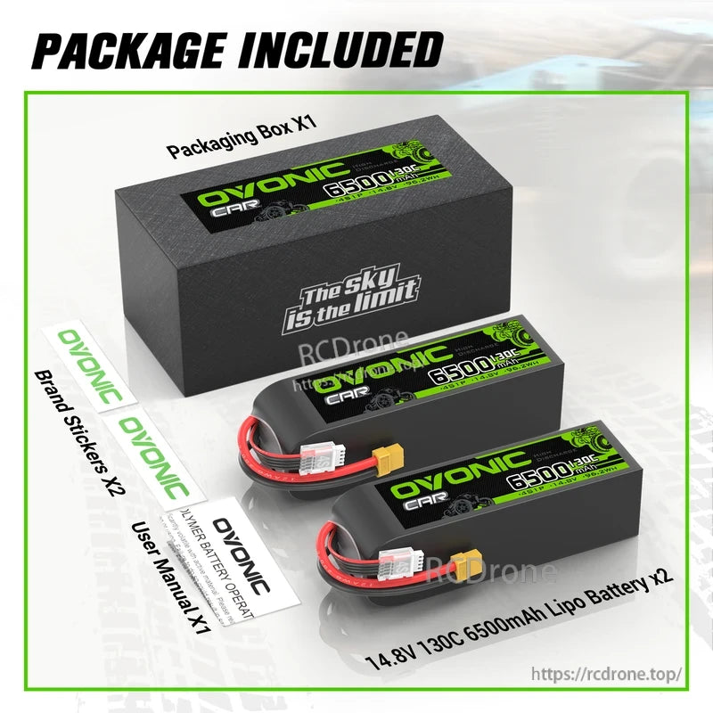 Package contents: two 14.8V 6500mAh 130C LiPo batteries, packaging box, brand stickers and user manual