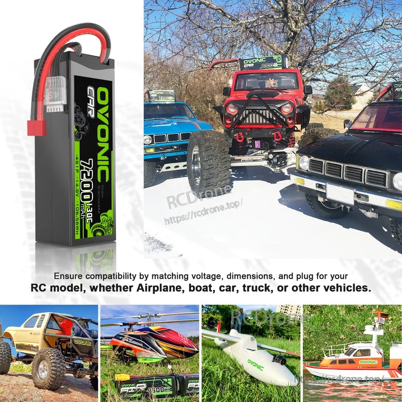 Battery shown alongside RC car and other model vehicles for compatibility and use-case examples