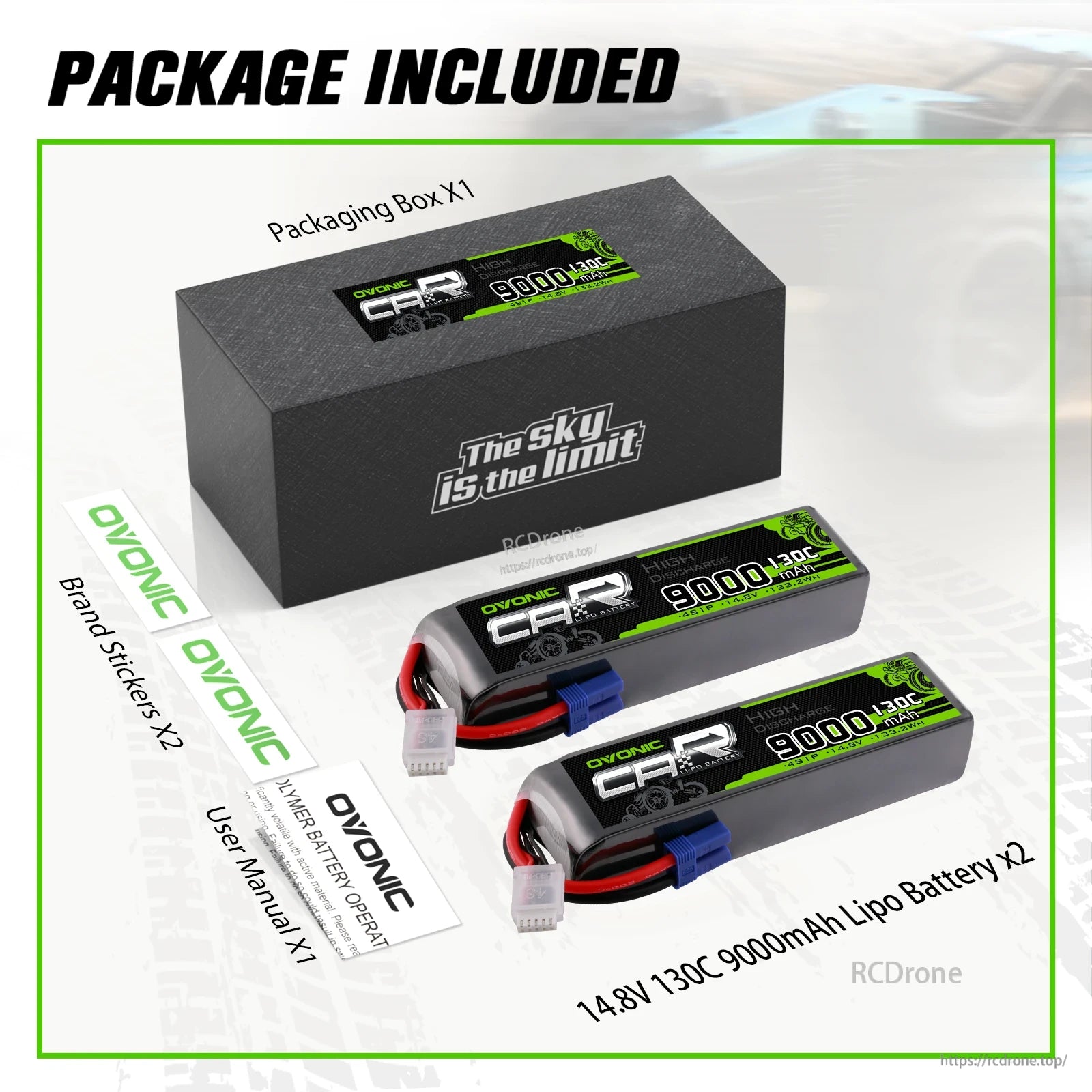 Package contents: two 14.8V 9000mAh 130C LiPo batteries, packaging box, brand stickers and user manual