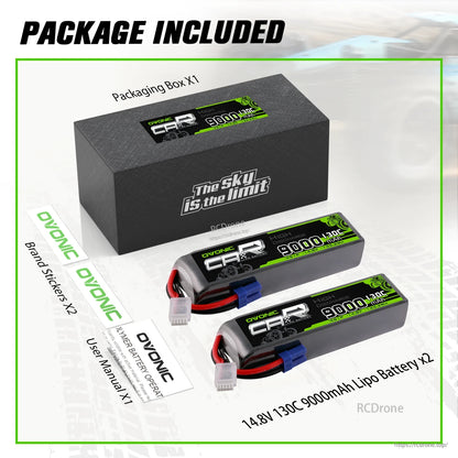 Package contents: two 14.8V 9000mAh 130C LiPo batteries, packaging box, brand stickers and user manual