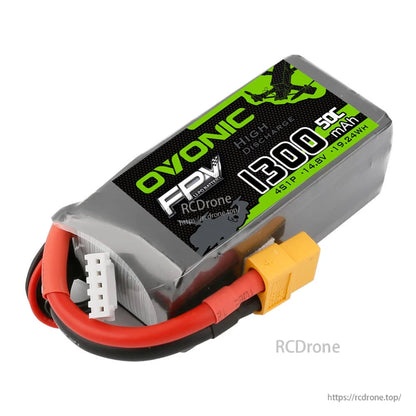 Angled view showing OVONIC 4S 1300mAh 50C LiPo label details and XT60 plug with red/black leads