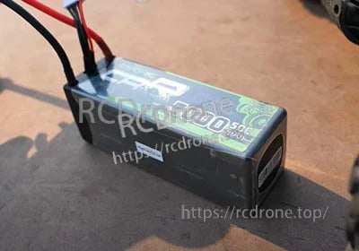 Hardcase Ovonic 4S LiPo battery angled view with power leads and balance connector
