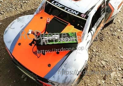 Ovonic CR 4S hardcase 6500mAh LiPo installed in a 1/8 scale RC car battery tray