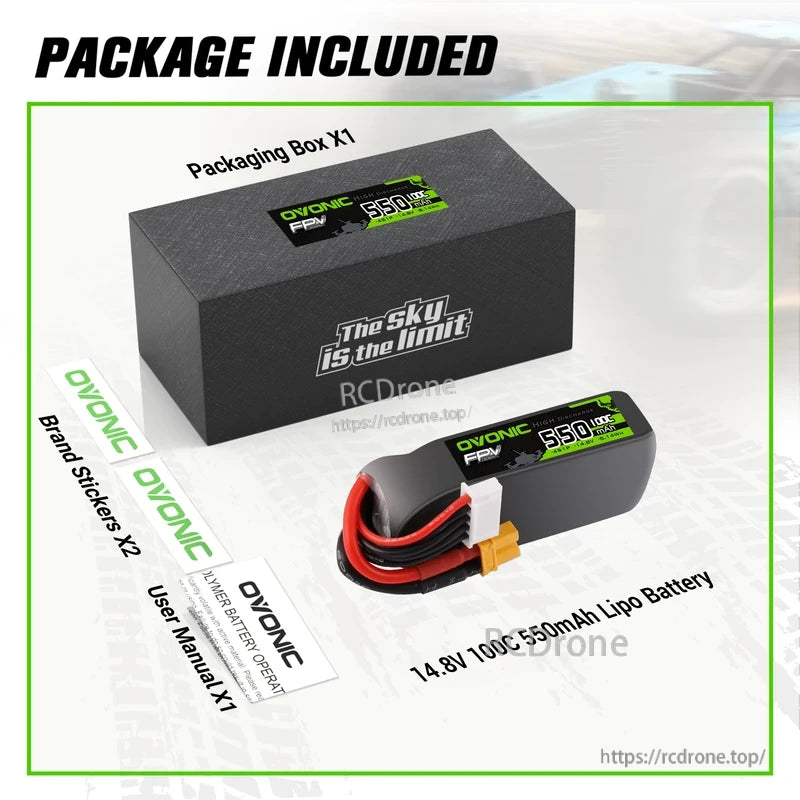 Package contents: OVONIC 4S LiPo battery, packaging box, two brand stickers, and user manual