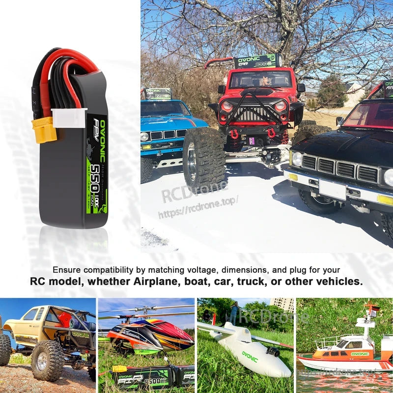 OVONIC 550mAh 4S 14.8V 100C LiPo battery shown with RC model use examples: cars, helicopter, airplane, boat