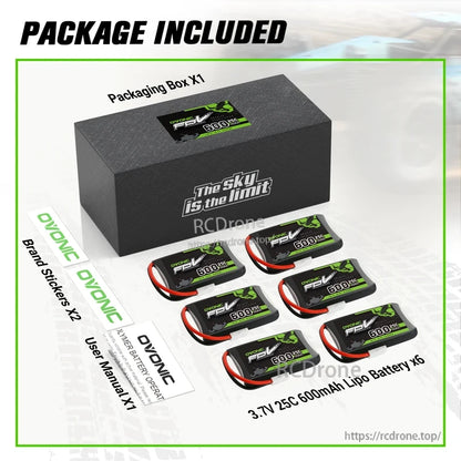 Package contents: box, six 3.7V 25C 600mAh LiPo batteries, brand stickers, and user manual