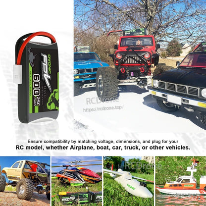OVONIC 600mAh 1S LiPo battery shown with RC use cases: car, truck, helicopter, airplane, and boat