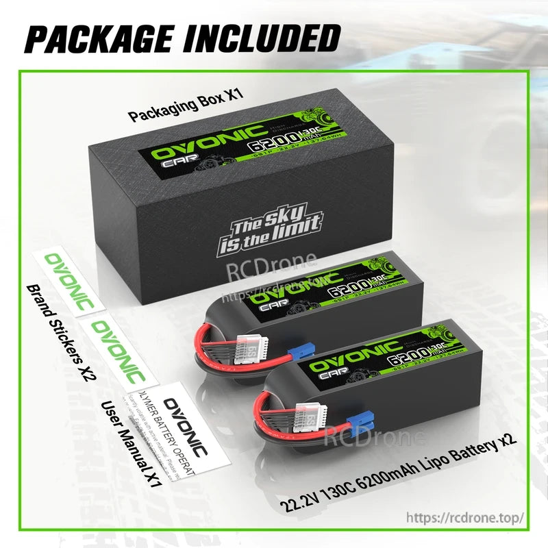 Package included: two 22.2V 6200mAh 6S LiPo batteries, packaging box, brand stickers and user manual