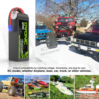 LiPo battery application collage for RC car/truck, airplane and boat, with standing pack shown
