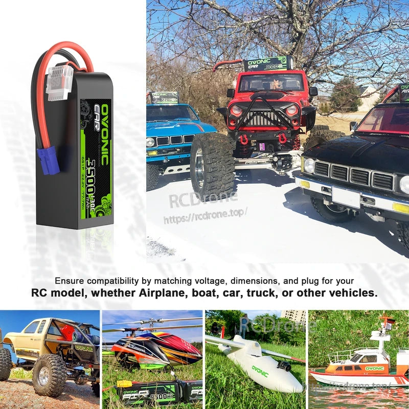 LiPo battery application collage showing RC cars, helicopter, airplane, and boat examples