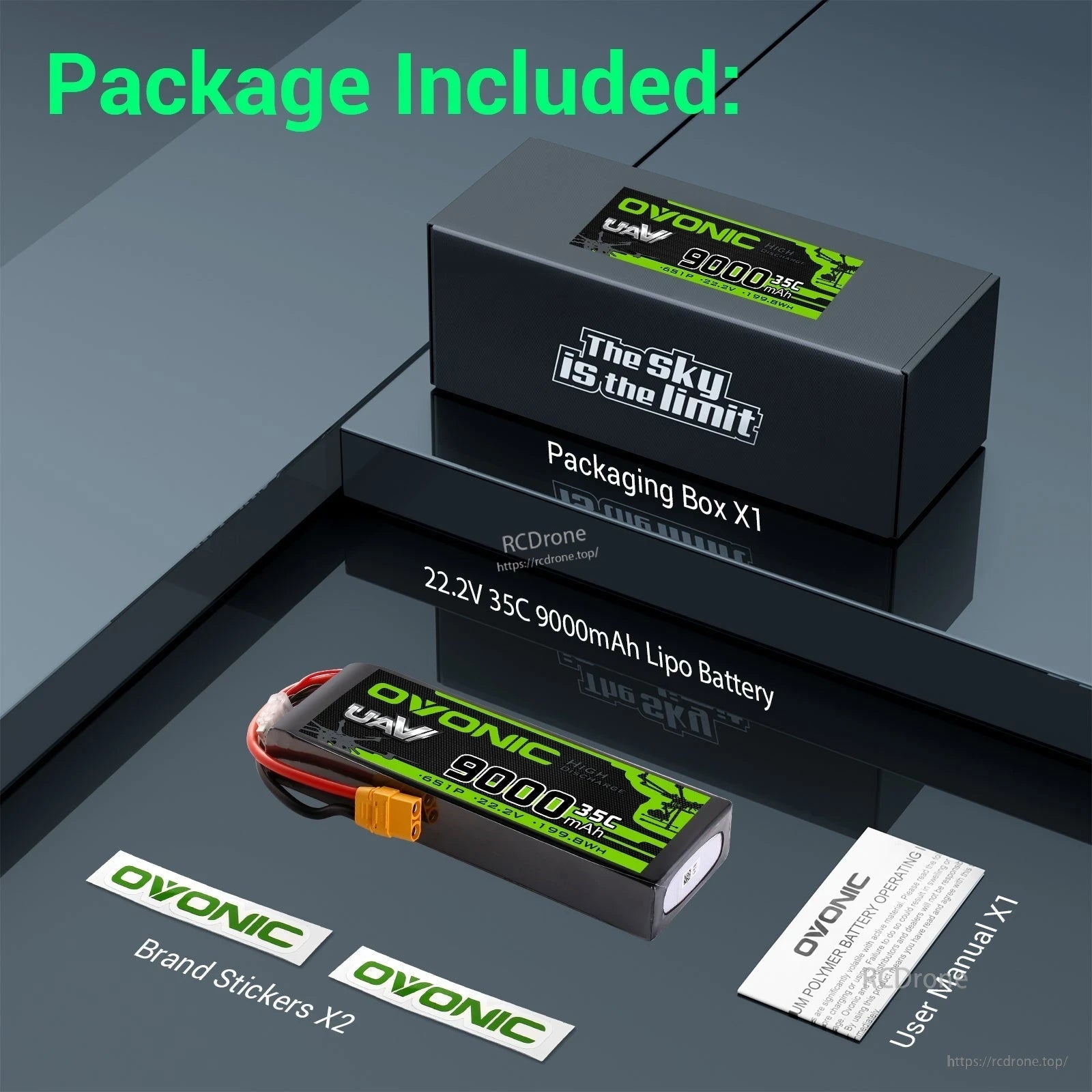 Package contents: 22.2V 35C 9000mAh LiPo battery, packaging box, two brand stickers, and user manual