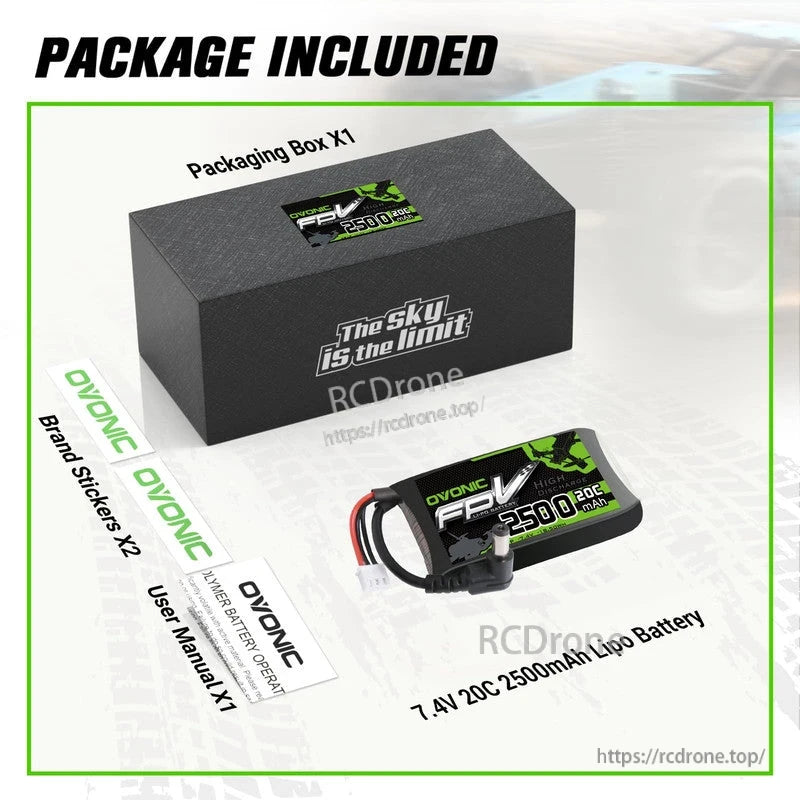 OVONIC 7.4V 2500mAh 2S 20C LiPo Battery package with battery, box, stickers and user manual