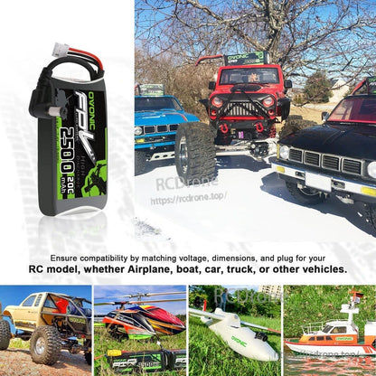 OVONIC 7.4V 2500mAh 2S 20C LiPo Battery application graphic for RC cars, aircraft, boats and trucks
