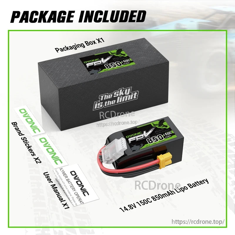 Package included: OVONIC 14.8V 150C 850mAh LiPo battery, packaging box, brand stickers and user manual