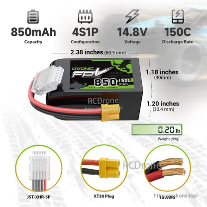 OVONIC 850mAh 4S 14.8V 150C LiPo battery dimensions, weight, JST-XHR-5P balance lead and XT30 plug