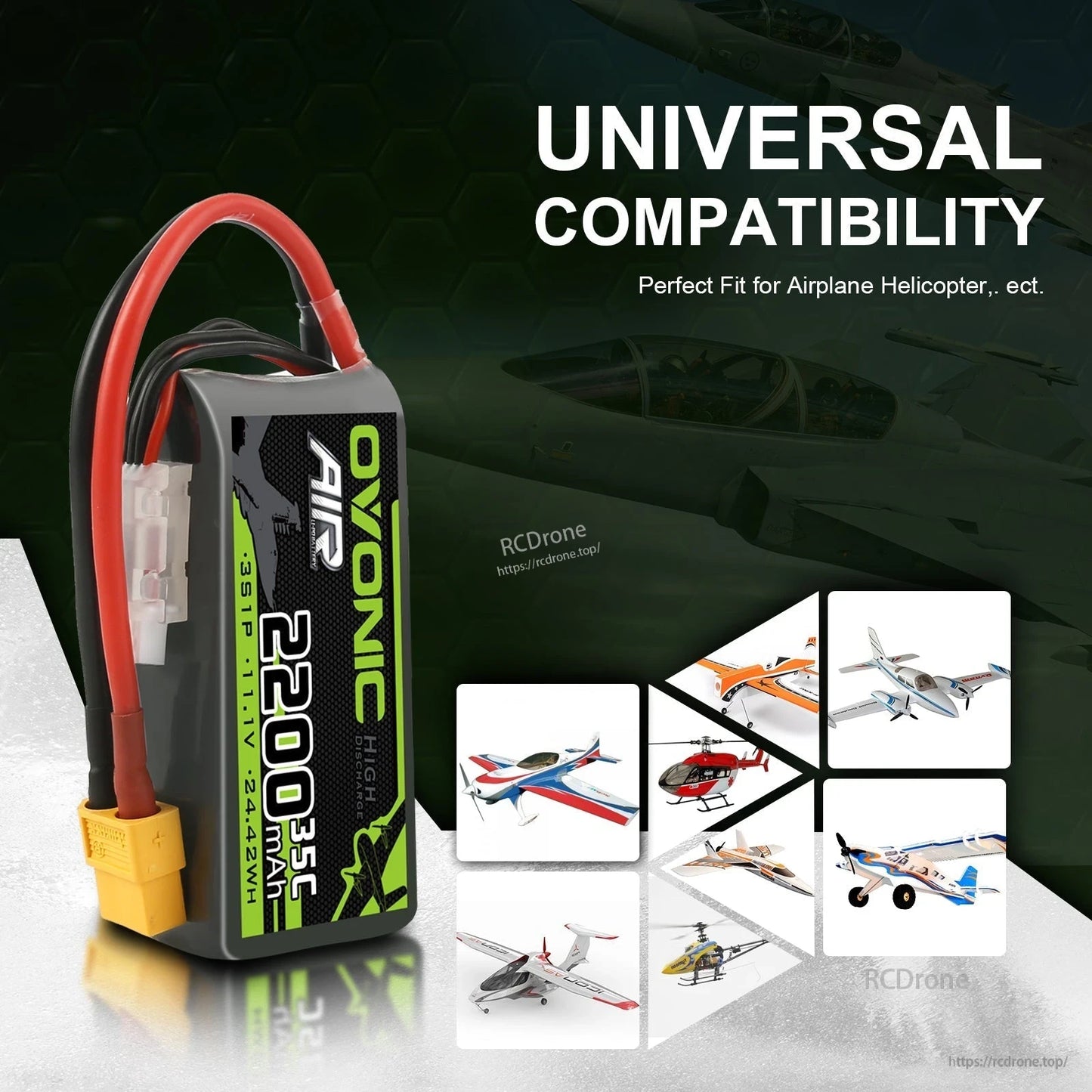 Universal compatibility graphic showing LiPo battery use for RC airplanes and helicopters