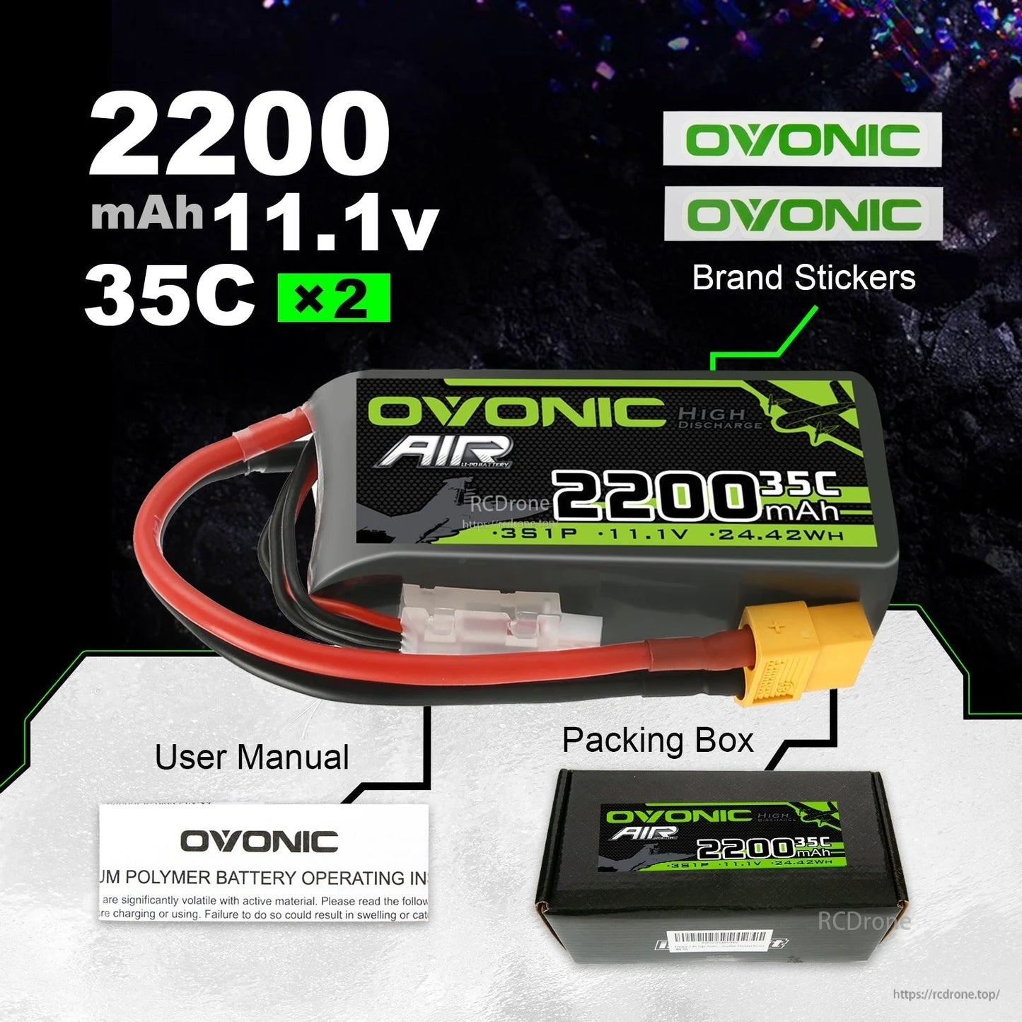 Package contents showing OVONIC 3S 2200mAh 11.1V 35C LiPo, manual, stickers and packing box