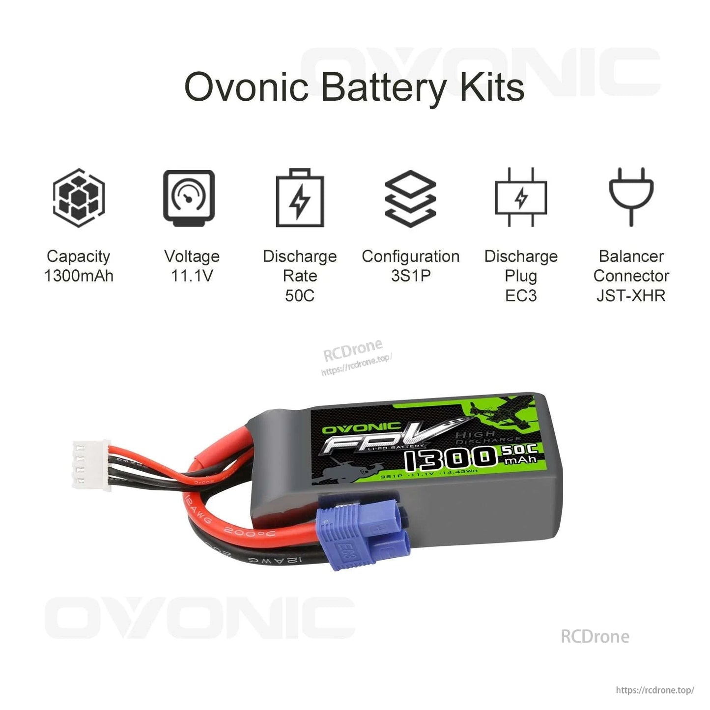 Ovonik Battery Kits specs graphic: 1300mAh, 11.1V, 50C, 3S1P, EC3 plug, JST-XHR balance connector