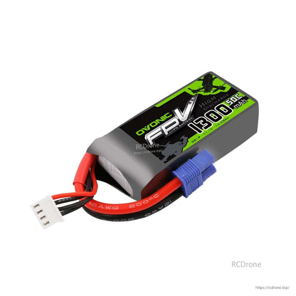 Close angled view emphasizing the FPV 1300mAh 50C label, red/black wires, and EC3 plug