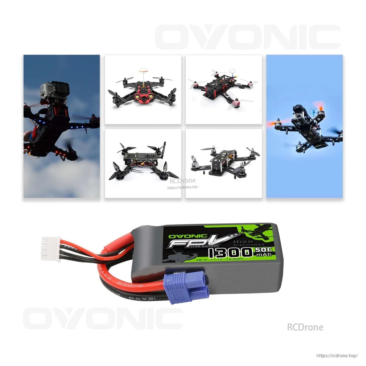 Use case collage showing FPV racing drones alongside the 3S 1300mAh battery pack and EC3 connector