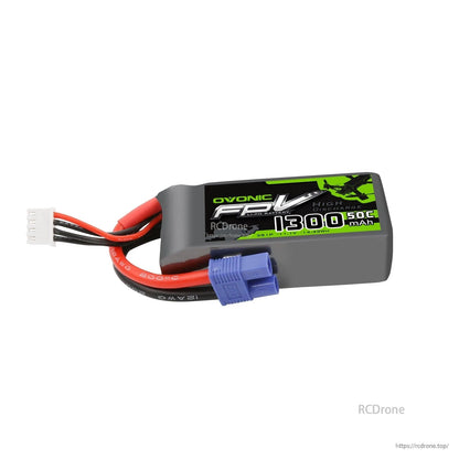 Low side profile view of the pack showing printed label, EC3 connector, and balance lead on white background