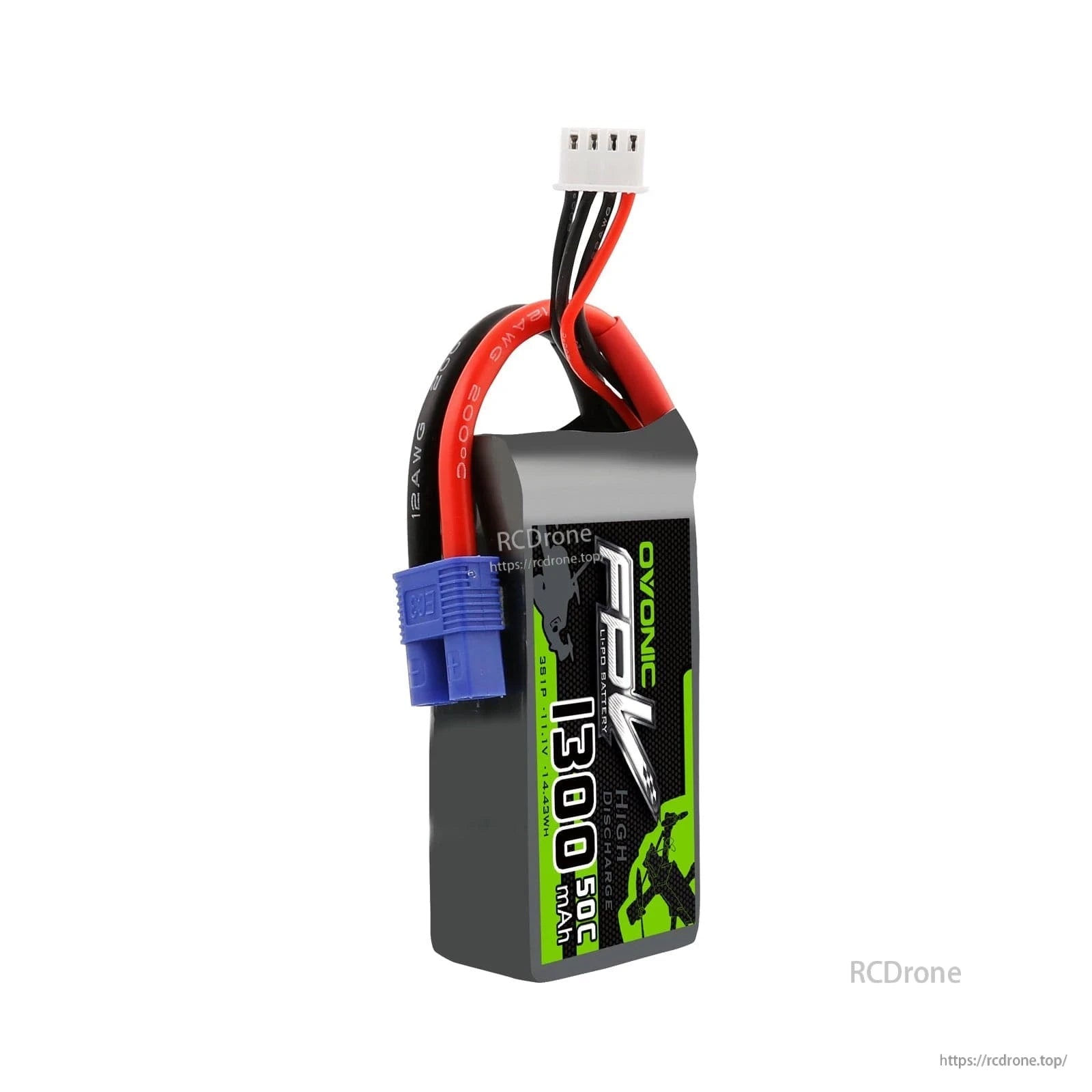 Upright side view of battery pack with FPV 1300 50C label and leads exiting from the top